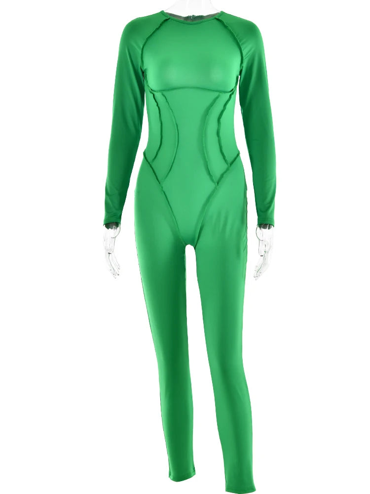 Fashion Long Sleeve Elastic Skinny Jumpsuit For Women Button Hollow Out Open Back Bodysuit Casual Sports Fitness Rompers