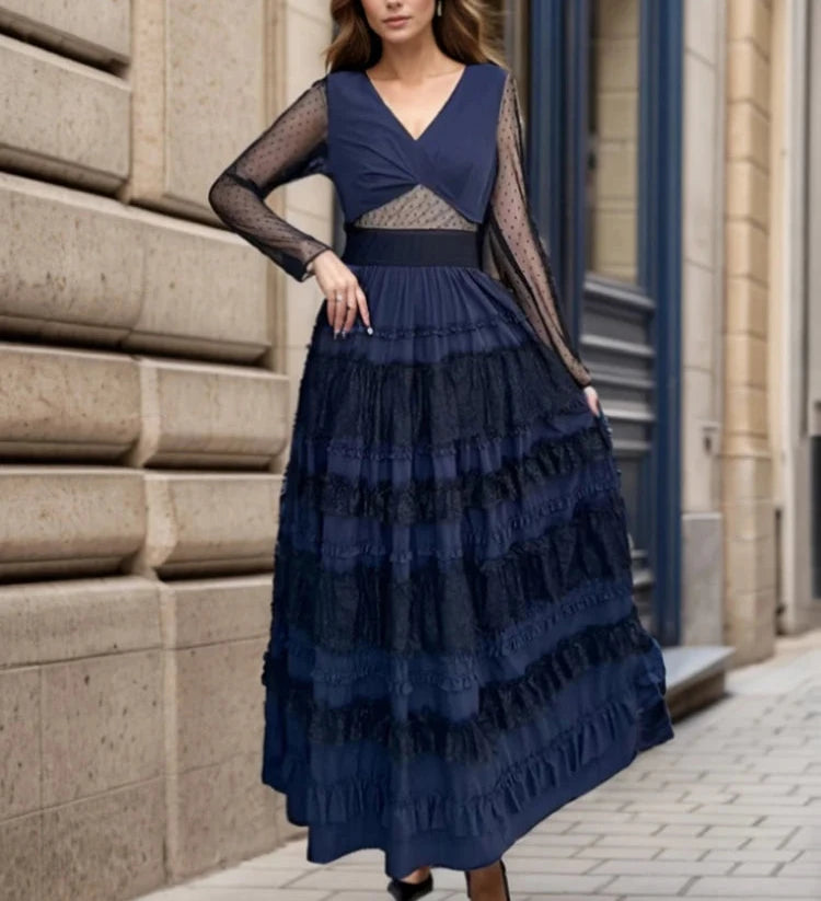 Elegant Spliced Mesh Dresses For Women V Neck Long Sleeve High Waist Patchwork Ruffles Long Dress Female Clothes