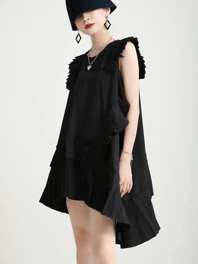 Women White Irregular Pleated Big Size Elegant Dress New Round Neck Sleeveless Fashion Tide Spring Summer 2025 1DH5375