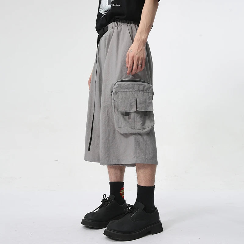 Men's Wear New Stylish Shorts Wide Leg Loose Large Pocket Knee-length Trousers Elastic Waist Lace-up Male Trend 9C6031