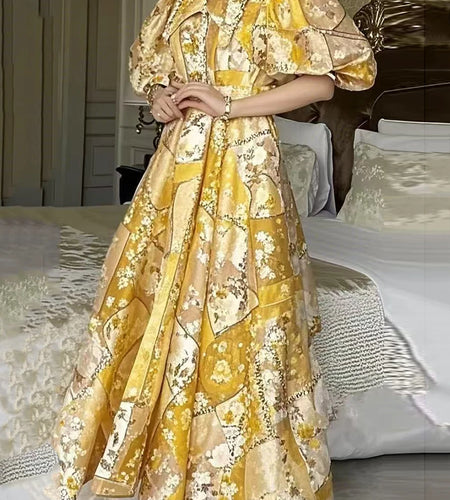 Hit Color Printing Fashion Long Dresses for Women Lapel Short Sleeves High Wasit Elegant Dress Female Clothing New