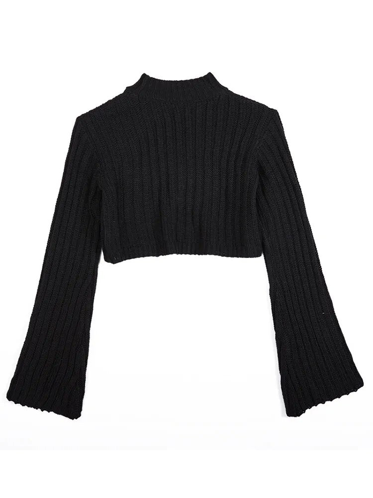 Solid Split Hem Sexy Knitting Sweaters For Women Half High Collar Flare Sleeve Chic Sweater Female Fashion Clothing