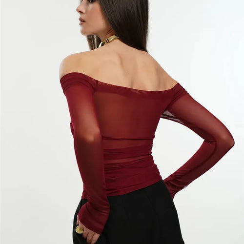 Load image into Gallery viewer, Summer Mesh Off-shoulder T-shirt Women Fashion Pleated Bust Backless Tees Tops Female Elegant Strapless See Through Top
