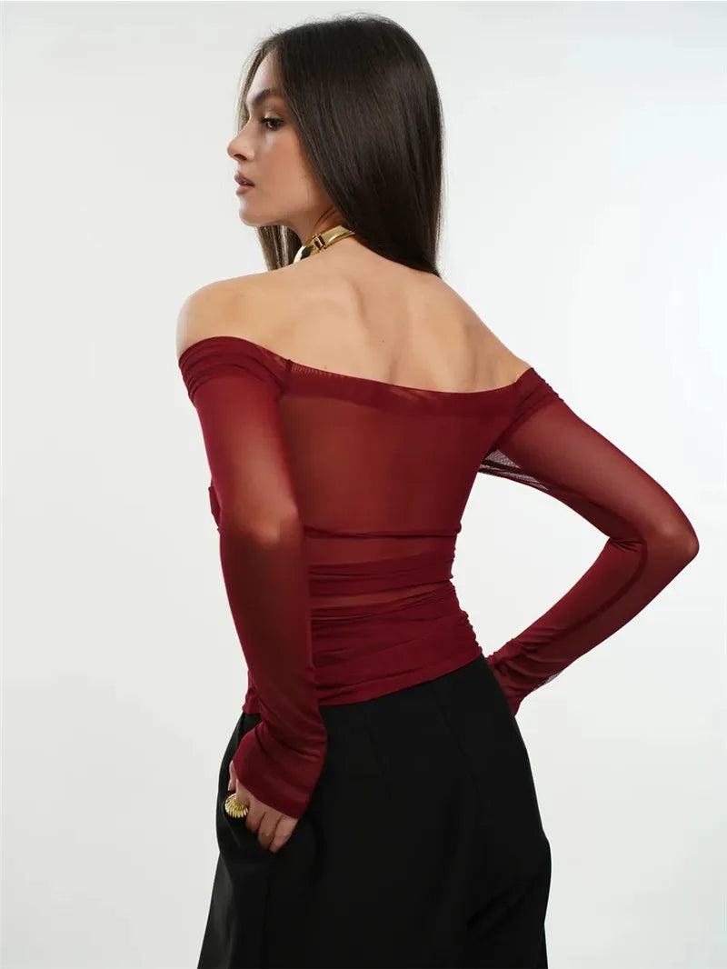 Summer Mesh Off-shoulder T-shirt Women Fashion Pleated Bust Backless Tees Tops Female Elegant Strapless See Through Top