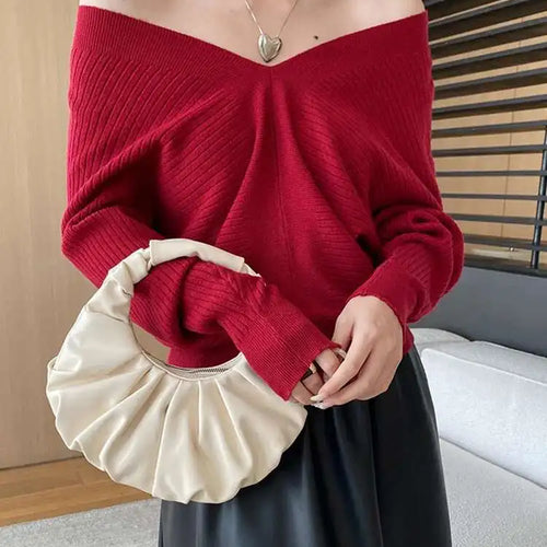 Load image into Gallery viewer, Red Big Size Elegant Knitting Sweater V-Neck Long Sleeve Women Pullovers New Fashion Tide Spring Autumn 2025 1DH7257
