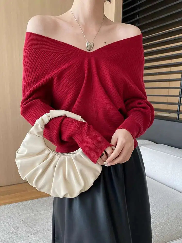Red Big Size Elegant Knitting Sweater V-Neck Long Sleeve Women Pullovers New Fashion Tide Spring Autumn 2025 1DH7257