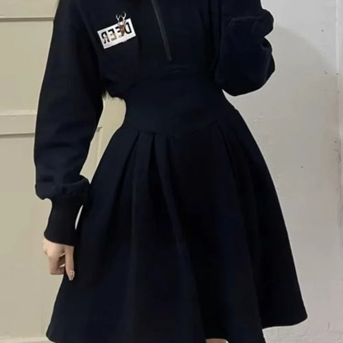 Load image into Gallery viewer, Korean Zip Oversized Black Mini Dress Women Kpop Letter School Student Sport Wrap Long Sleeve Short Dresses Autumn
