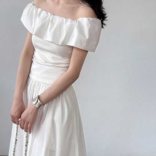 Load image into Gallery viewer, Women White pink Color Ruffles Elegant Slim T-shirt New Slash Neck Short Sleeve Fashion Tide Spring Summer 2025 1DJ1726
