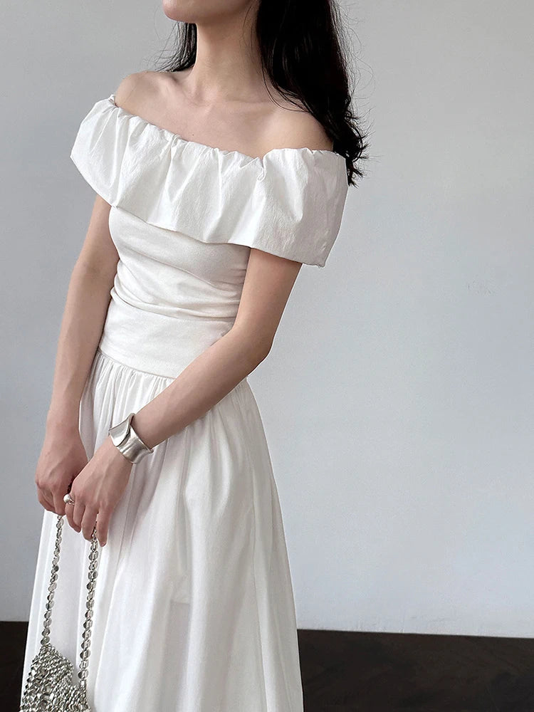 Women White pink Color Ruffles Elegant Slim T-shirt New Slash Neck Short Sleeve Fashion Tide Spring Summer 2025 1DJ1726