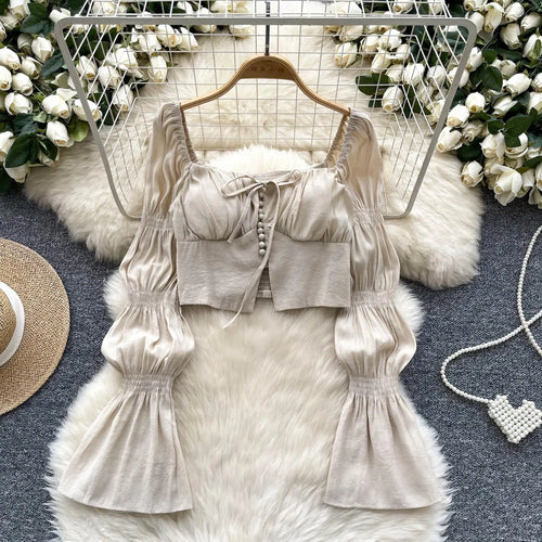 Load image into Gallery viewer, Autumn French Solid Ruffle Edge Lace-up Shirt Women Long Sleeves Square Neck Slim Short Tops Versatile Button Pleated Blouse New
