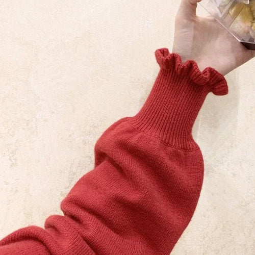 Load image into Gallery viewer, Kawaii Ruffle High Collar Sweater Women Japanese Vintage Soft Girl Lantern Sleeve Cute Lolita Knitted Jumper Pullover
