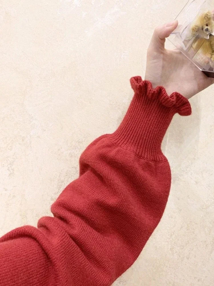 Kawaii Ruffle High Collar Sweater Women Japanese Vintage Soft Girl Lantern Sleeve Cute Lolita Knitted Jumper Pullover