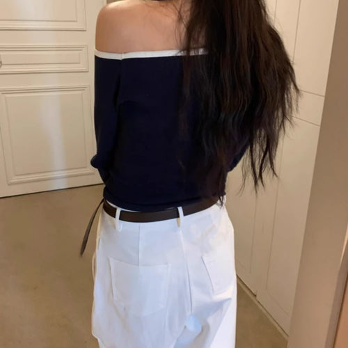 Load image into Gallery viewer, Spring Streetwear Slash Neck Off Shoulder Sexy T-shirts Harajuku Patchwork Vintage Bodycon Tops Women Y2k Aesthetic Grunge Tees
