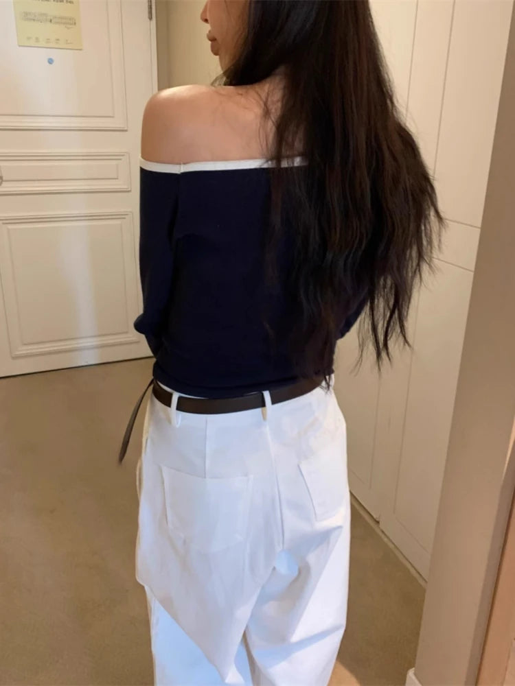 Spring Streetwear Slash Neck Off Shoulder Sexy T-shirts Harajuku Patchwork Vintage Bodycon Tops Women Y2k Aesthetic Grunge Tees