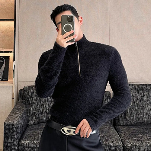 Load image into Gallery viewer, Korean Style Men&#39;s T-shirt Tight Shoulder Pad Zipper Turtleneck Pullover Casual Male Fleece Top Autumn Stylish 9C3855
