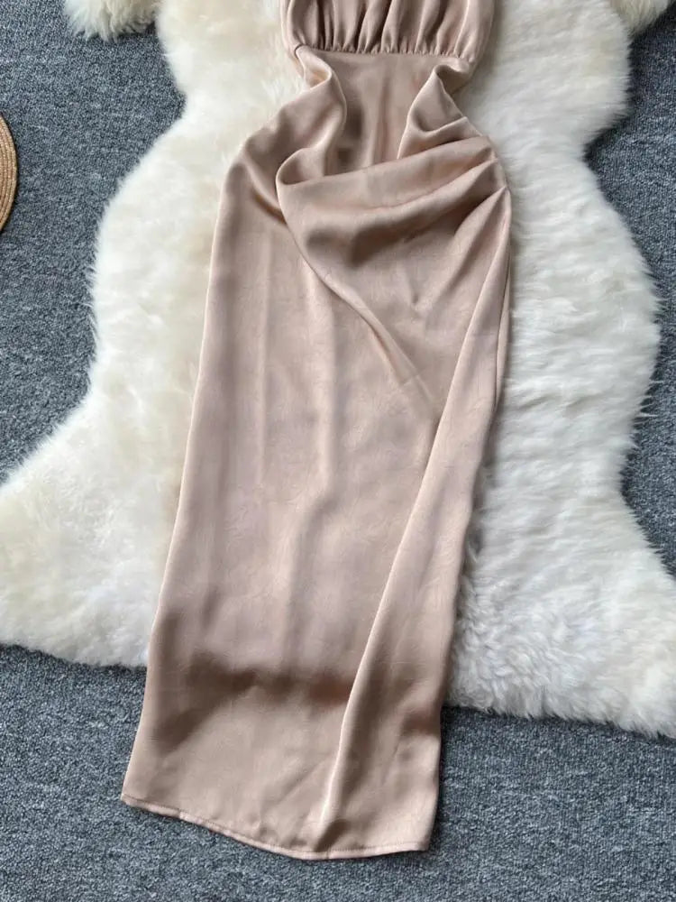 New Summer Women Khaki Sexy Backless Evening Party Halter Lace-up Dress Retro Elegant Sleeveless Slim Prom Pleated Dress Fashion