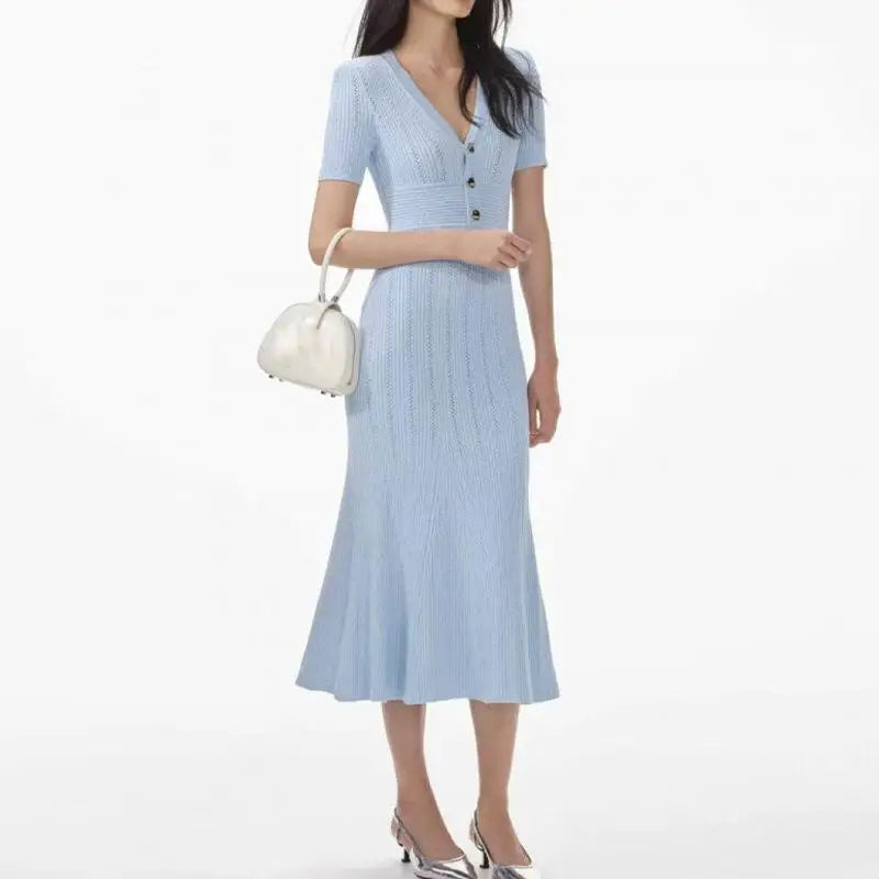 French Women's Black White Short Sleeved Knitted Long Dress Summer Blue V-neck High Waist Slim Hollow Out Button Pleated Dresses