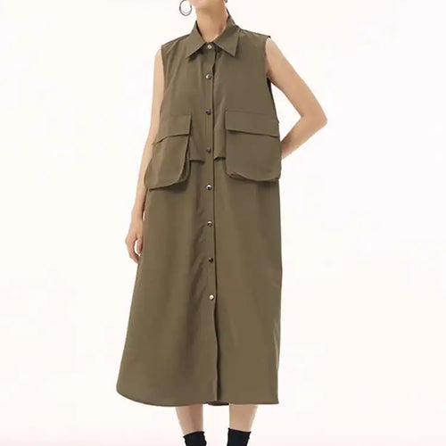 Load image into Gallery viewer, Women Black Shaped Pockets Big Size Midi Shirt Vest Dress New Lapel Sleeveless Fashion Tide Spring Autumn 2025 1DH9471
