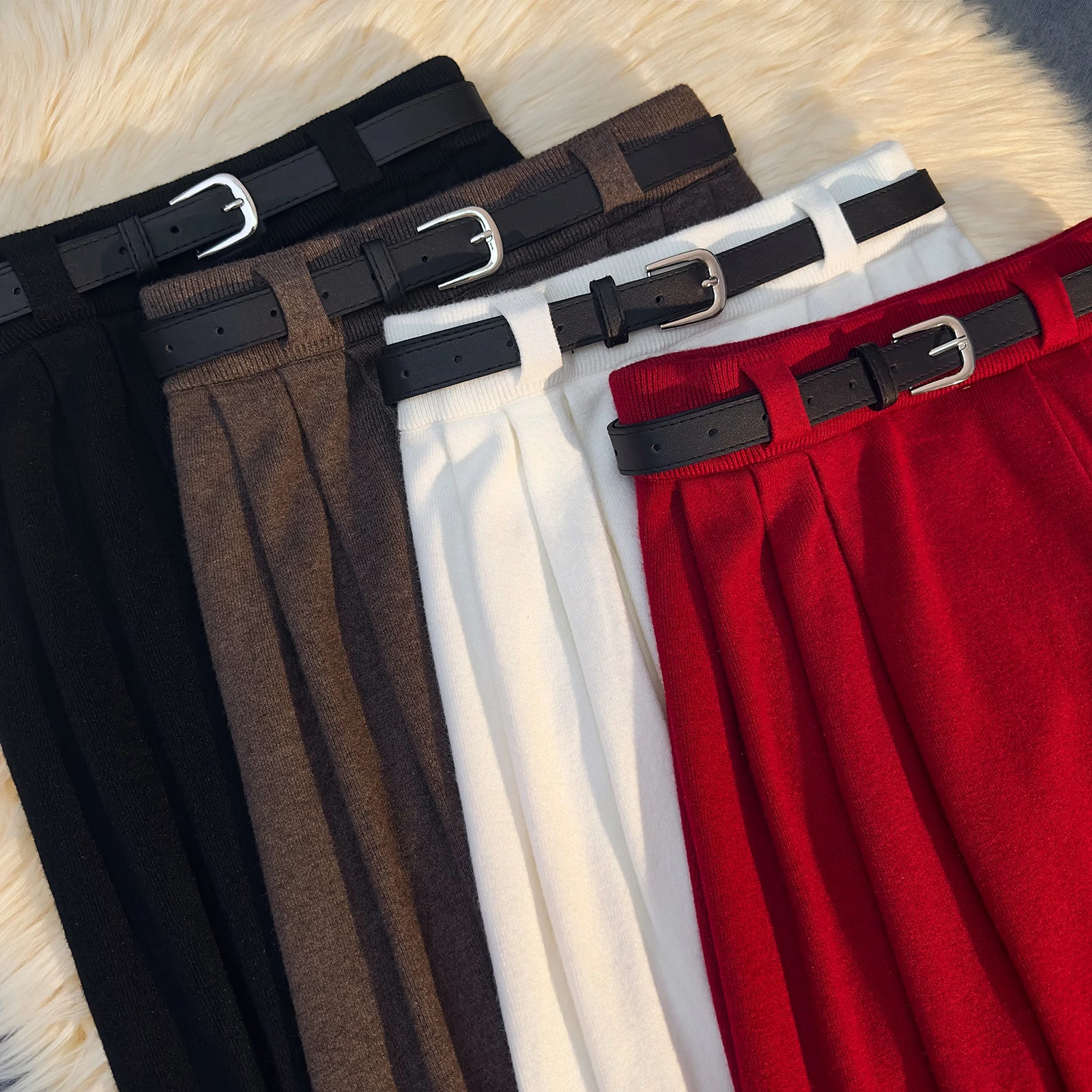 Korean Fashion Vintage Women Solid Elegant High Waist Party Long Skirts 2024 Autumn Winter A-line Pleated Knit Skirt Streetwear