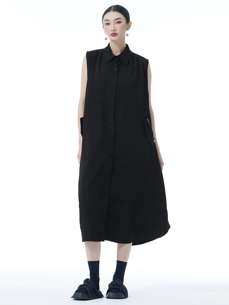 Women Dark Gray Zipper Pocket Big Size Midi Shirt Dress New Lapel Sleeveless Fashion Tide Spring Summer 2025 1DJ0950