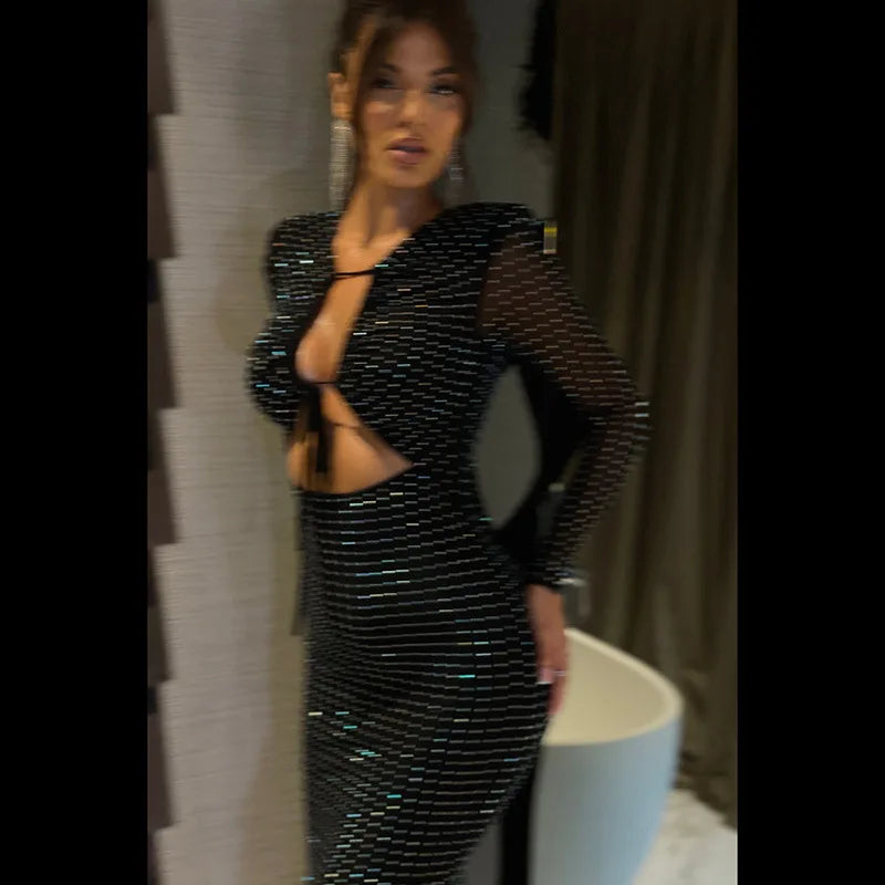 Elegant Sequin Sparkle Sexy Maxi Dress For Women Fashion Hollow Out Sheer Long Sleeve Bodycon Club Party Long Dress