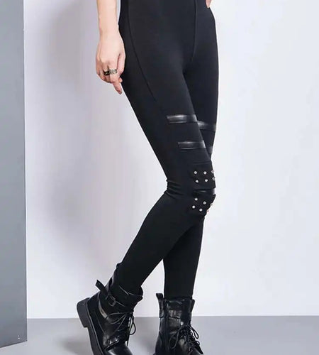 High Elastic Waist Black Brief Long Rivet With Fleece Casual Pants New Trousers Women Fashion Spring Autumn 2025 1DH7172