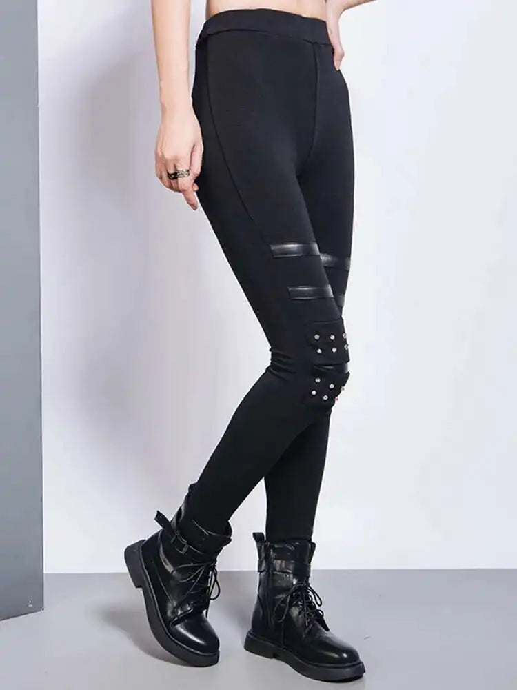 High Elastic Waist Black Brief Long Rivet With Fleece Casual Pants New Trousers Women Fashion Spring Autumn 2025 1DH7172