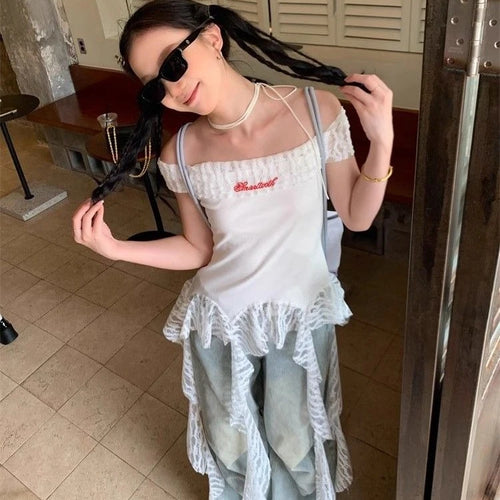 Load image into Gallery viewer, Slash Neck Fairy Grunge Tops Vintage Harajuku Irregular Patchwork Lace T-shirt Women Y2k Aesthetics Sexy Letter Embroidery Tees
