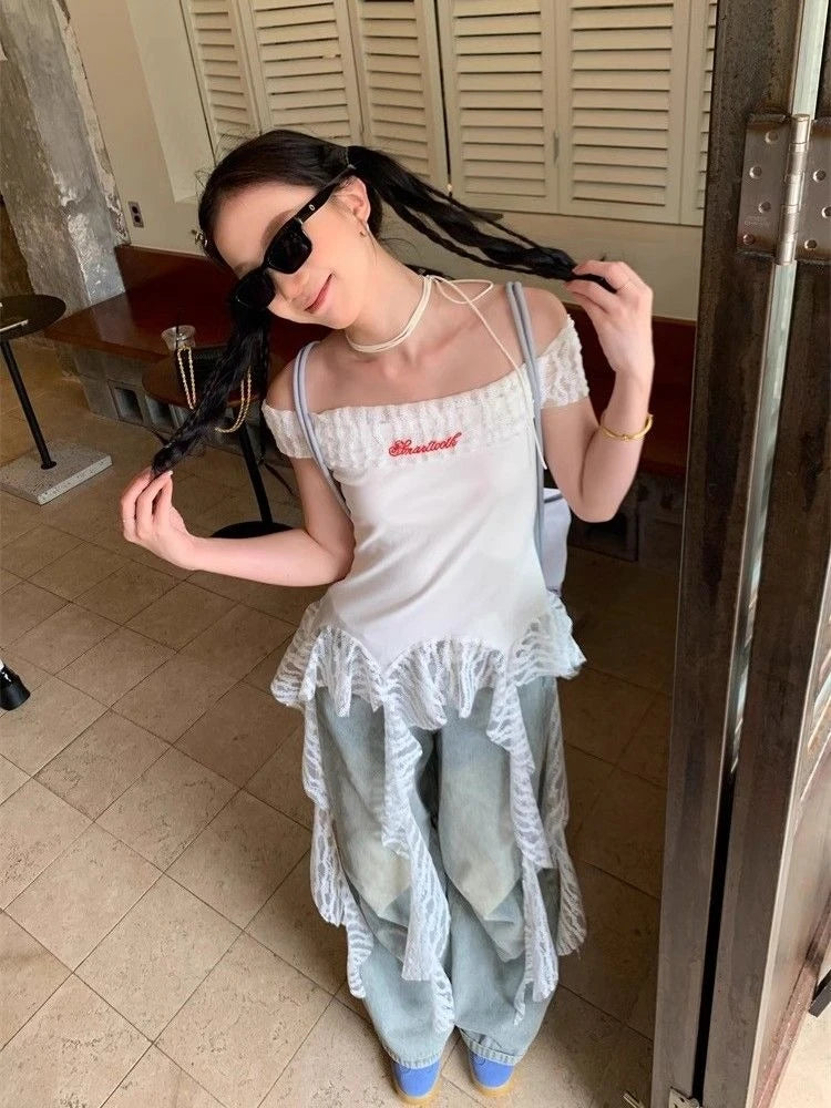 Slash Neck Fairy Grunge Tops Vintage Harajuku Irregular Patchwork Lace T-shirt Women Y2k Aesthetics Sexy Letter Embroidery Tees