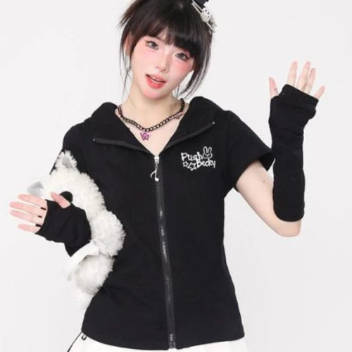 Load image into Gallery viewer, Kawaii Rabbit Black Printing T-shirts Y2k Aesthetic Slim Streetwear Zipper Tees Short Sleeve Fairy Harajuku Hoody Tops Women
