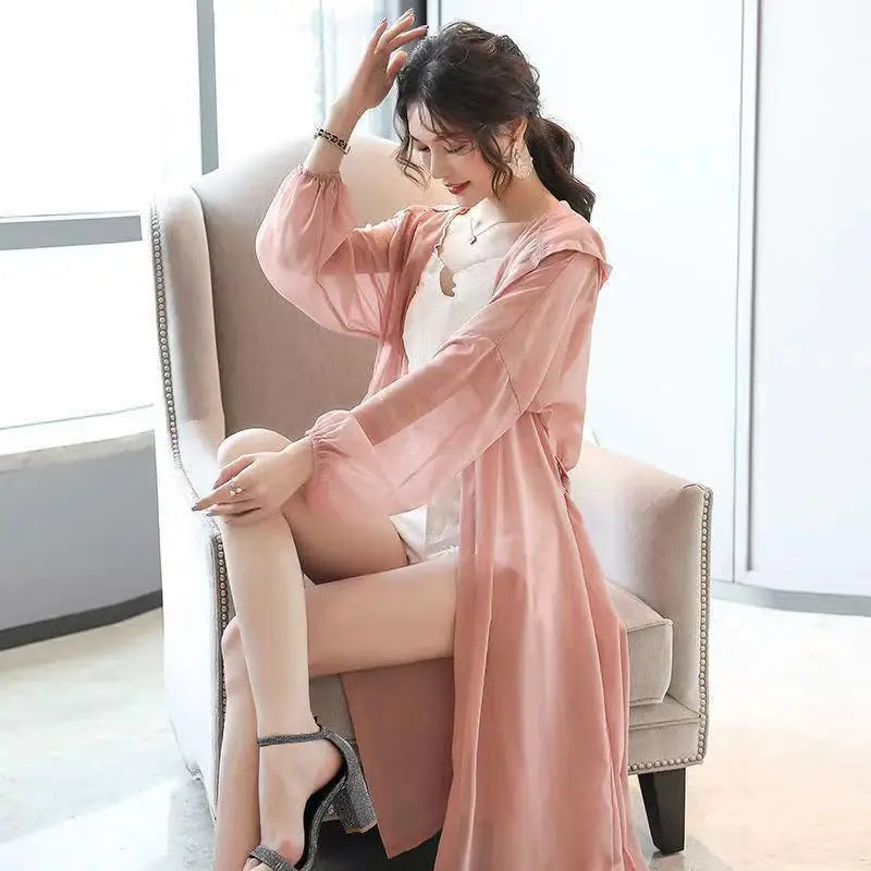 Summer Solid Shawl Cardigan Hooded Beach Shirts Women's Oversized Long Sleeve Cardigan Loose Sun Protection Bandage Blouses Top