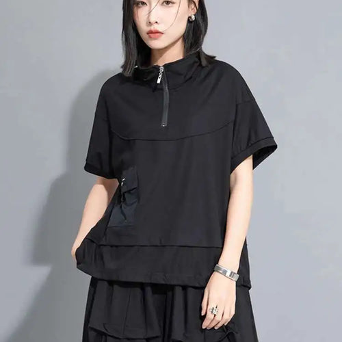 Load image into Gallery viewer, Women Yellow Pocket Drawstring Big Size T-shirt New Turtleneck Short Sleeve Fashion Tide Spring Summer 2025 1DJ0150
