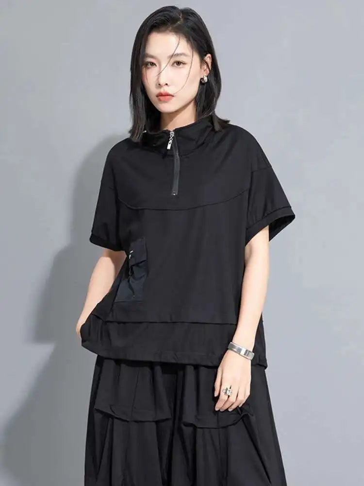 Women Yellow Pocket Drawstring Big Size T-shirt New Turtleneck Short Sleeve Fashion Tide Spring Summer 2025 1DJ0150