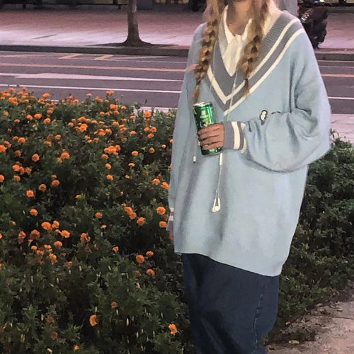 Load image into Gallery viewer, V-neck Loose Sweater Women Y2k Aesthetics Pullover Harajuku Rabbit Kawaii Blue Jumpers Grunge Korean Fashion Cute Tops
