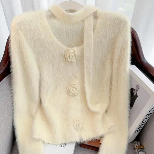 Load image into Gallery viewer, French Vintage Women Solid Elegant Long Sleeve Knitted Mink Sweater 2024 New Autumn Winter Ladies Round Neck Flower Cardigan Top
