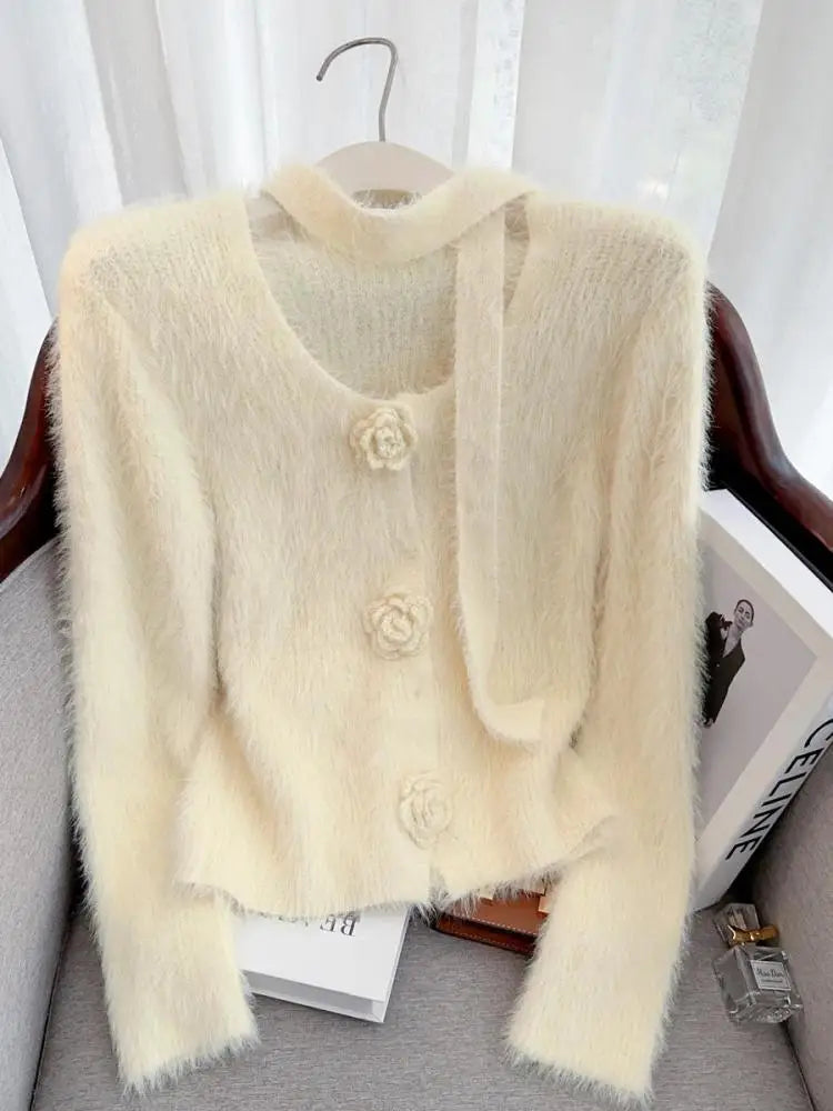 French Vintage Women Solid Elegant Long Sleeve Knitted Mink Sweater 2024 New Autumn Winter Ladies Round Neck Flower Cardigan Top