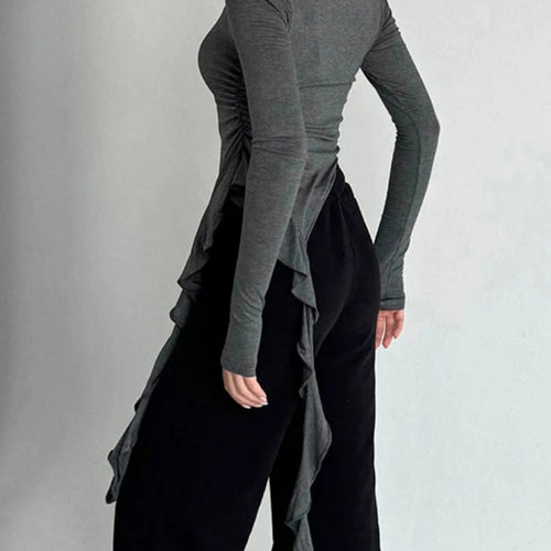 Load image into Gallery viewer, Y2k Aesthetic Irregular Ruffled Crop Tops Vintage Harajuku Autumn Solid T-Shirt Streetwear Sexy Slim Fit Pleated Grunge Shirt
