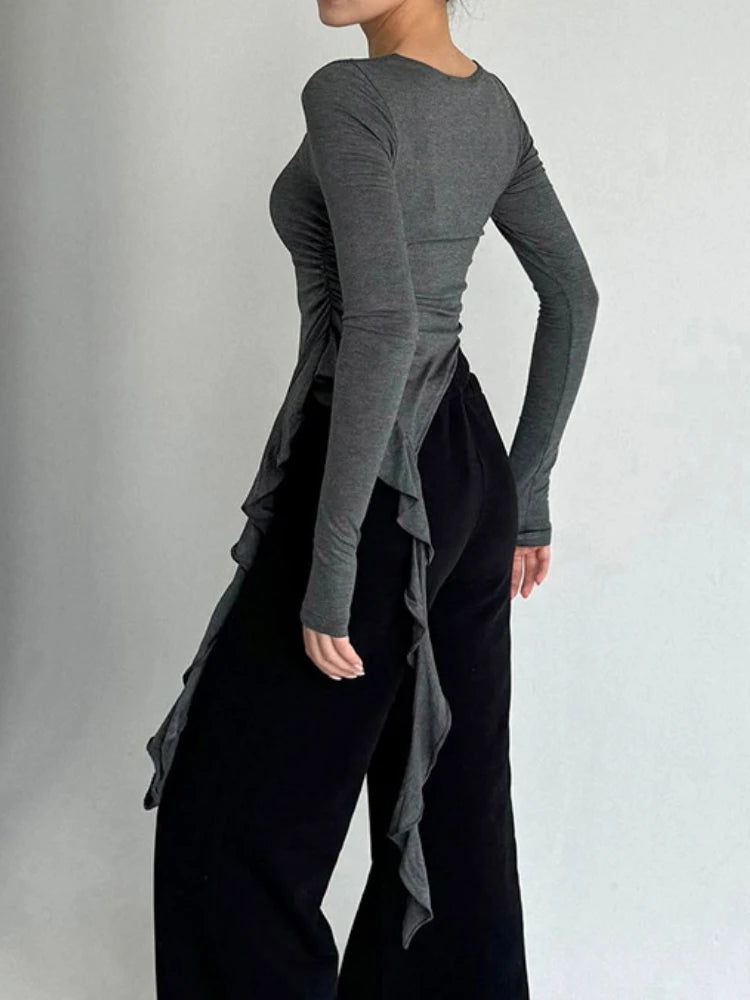 Y2k Aesthetic Irregular Ruffled Crop Tops Vintage Harajuku Autumn Solid T-Shirt Streetwear Sexy Slim Fit Pleated Grunge Shirt