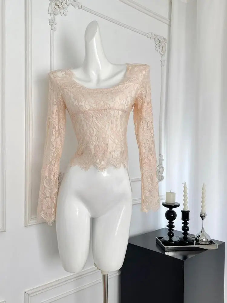 Autumn Blue Lace Square Neck Elegant Slim T Shirt Women's New Vintage Pink Long Sleeves Vacation Short Tops Simplicity Clothing