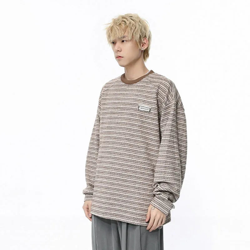 Pullover T-shirt Long Sleeved Top Korean Style Stripe Round Collar Casual Men's Clothing Summer Trend 9C5178