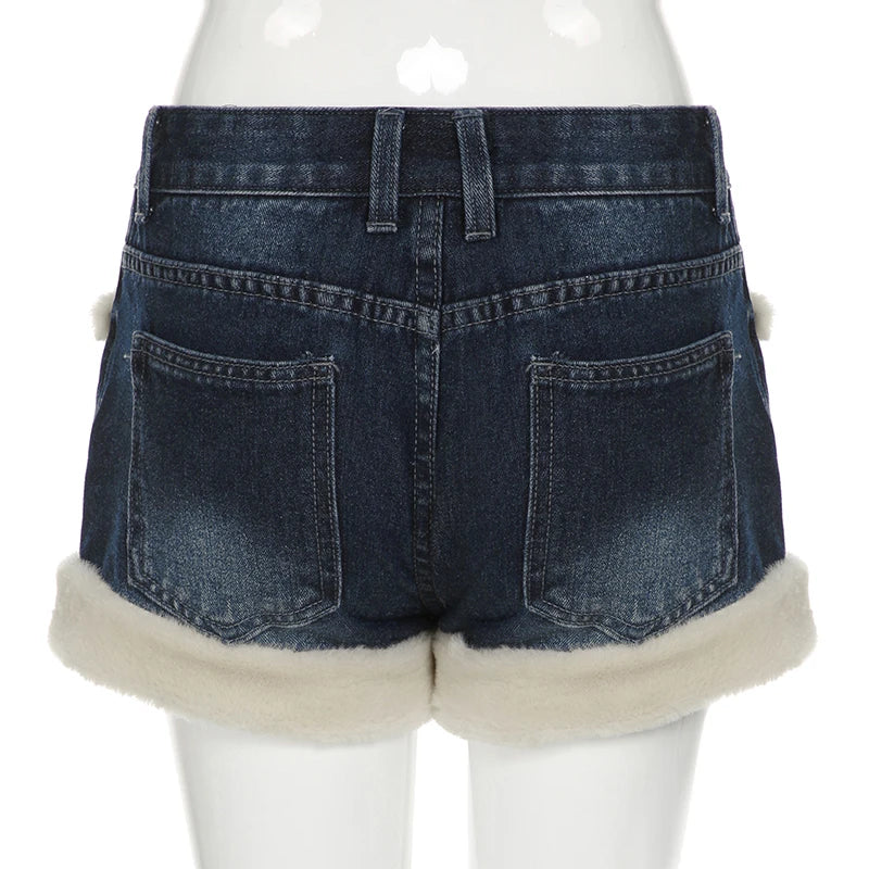 Faux Fur Trim Patchwork Denim Shorts Y2K Aesthetics Hotsweet Winter Pocket Button Cute Short Pants Korean Bottoms New
