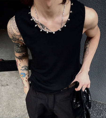 Men's T-shirts Sleeveless New Summer Nail Drill Design Loose Round Neck Trendy Solid Color Simple Male Clothing 9W1728