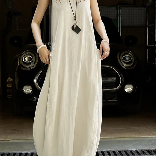 Load image into Gallery viewer, Women Khaki Brief Pocket Casual Long Elegant Bud Dress New Round Neck Sleeveless Fashion Tide Spring Summer 2025 1DJ1330
