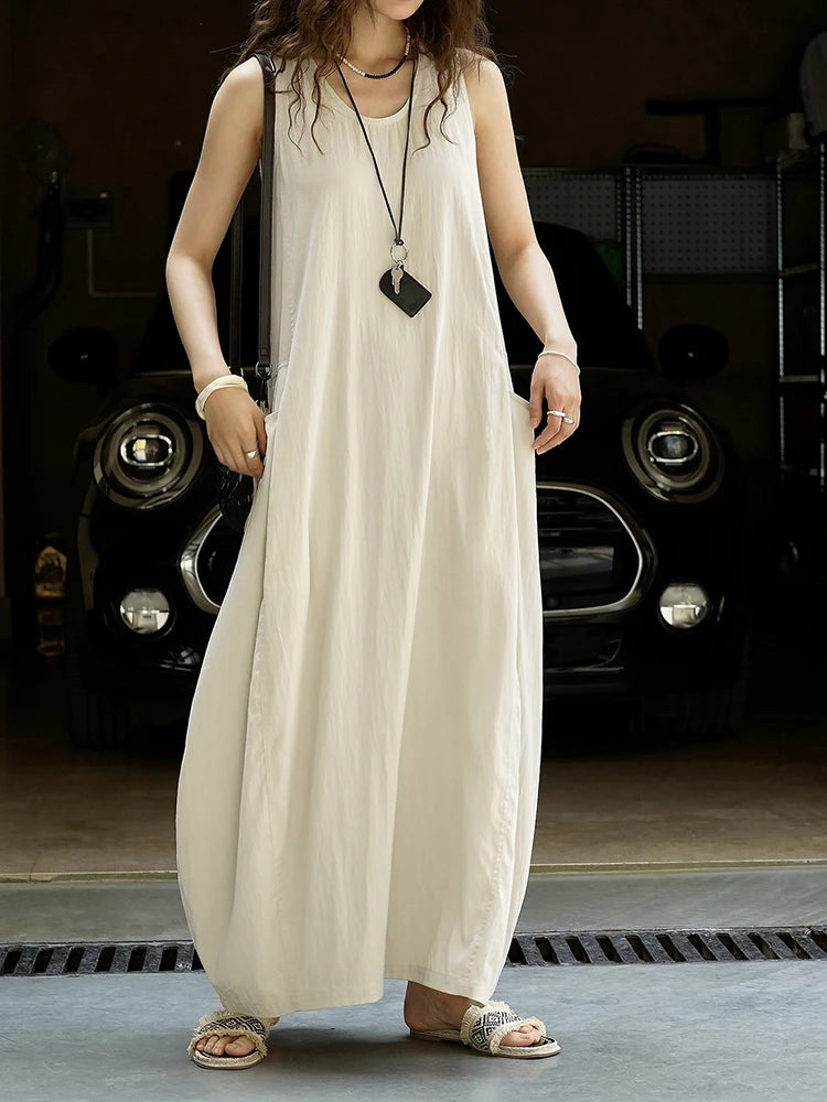 Women Khaki Brief Pocket Casual Long Elegant Bud Dress New Round Neck Sleeveless Fashion Tide Spring Summer 2025 1DJ1330
