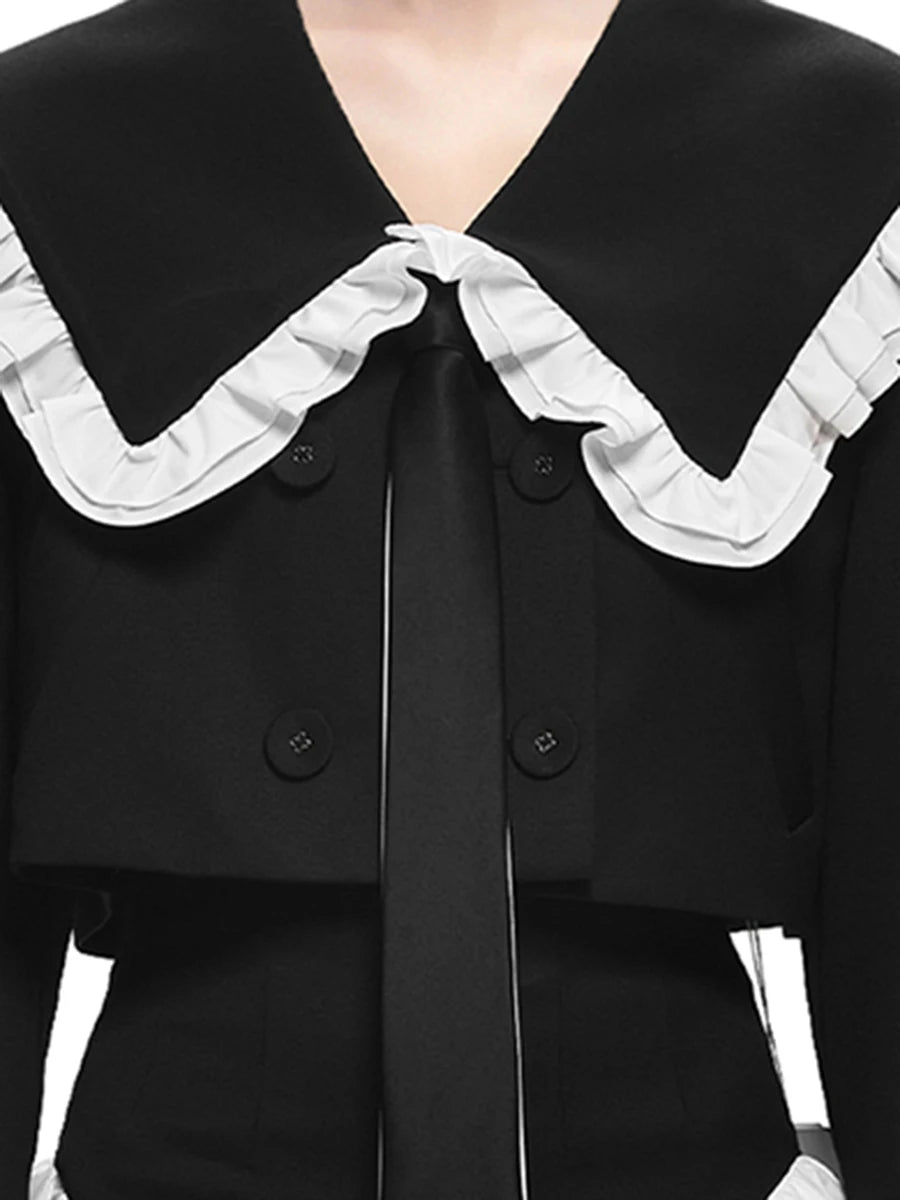 Hit Color Slimming Spliced Double Breasted Jackets for Women Peter Pan Collar Long Sleeves Fashion Jacket Female