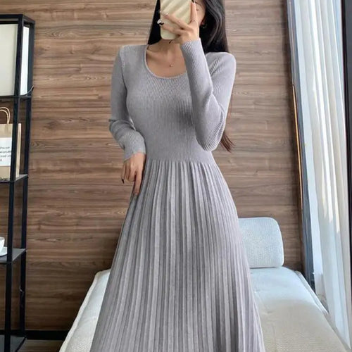Load image into Gallery viewer, Black Elegant Knitted Pleated Mini Dress Women Gray Slim O-neck Long Sleeve Party A-line Dress 2023 Autumn Lady Streetwear Robe
