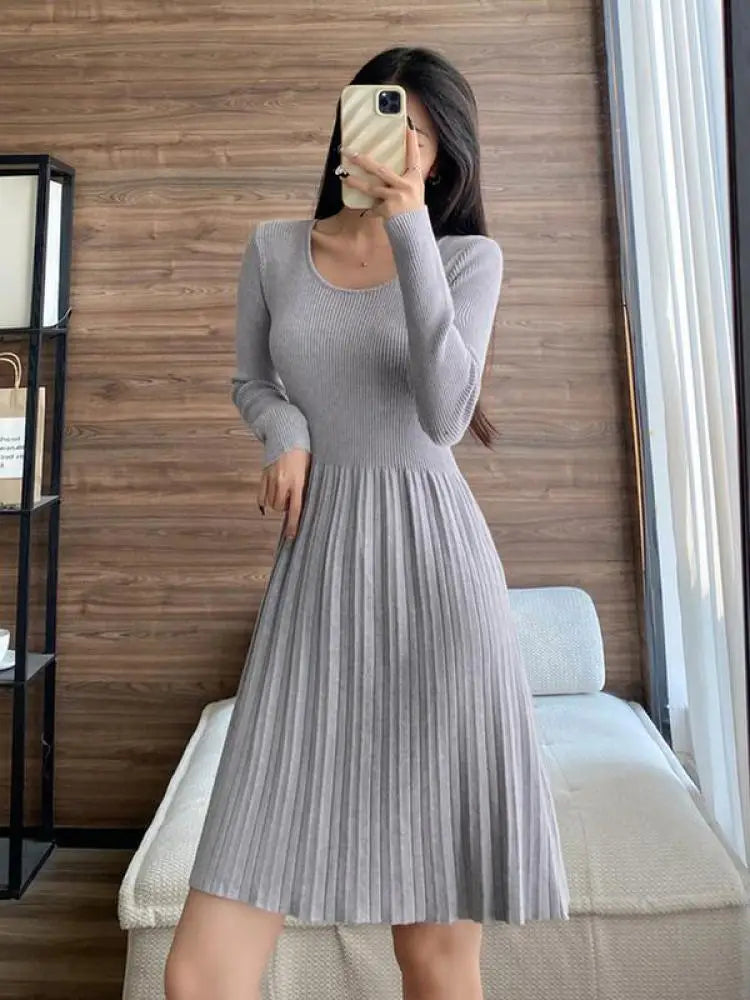 Black Elegant Knitted Pleated Mini Dress Women Gray Slim O-neck Long Sleeve Party A-line Dress 2023 Autumn Lady Streetwear Robe