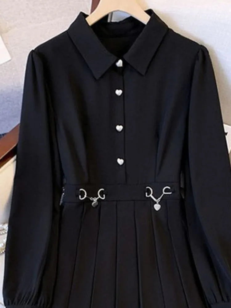 Korean Black Pleated Mini Dress Gothic Goth Harajuku Oversize Black Long Sleeve Short Dresses Women Autumn