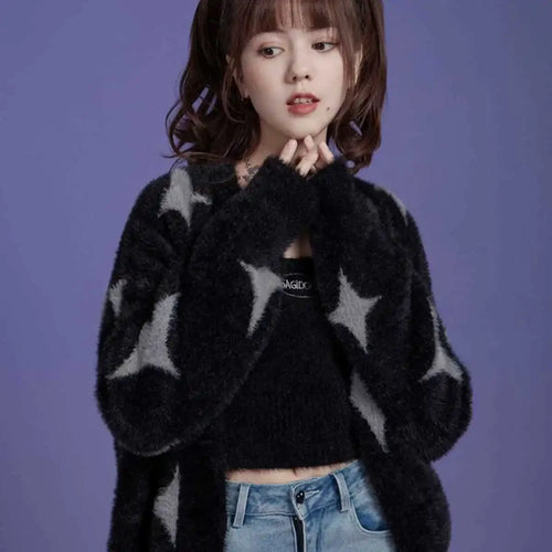 Load image into Gallery viewer, Korean Fashion Black Sweaters Women Star Print Cashmere Cardigan Y2k  Knitted Coats Female Cardigans All Match Sueter Oversized
