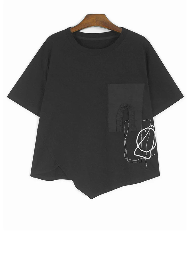 Women Khaki Irregular Embroidery Big Size Casual T-shirt New Round Neck Short Sleeve Fashion Spring Summer 2025 1DJ0588